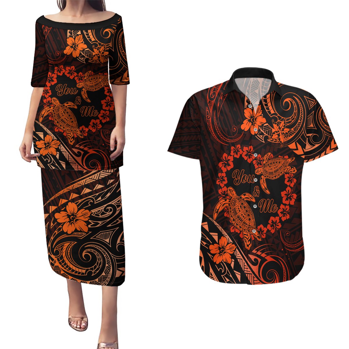 Polynesian Turtle Valentine Couples Matching Puletasi and Hawaiian Shirt You And Me Orange Hibiscus Heart LT01 Orange - Polynesian Pride