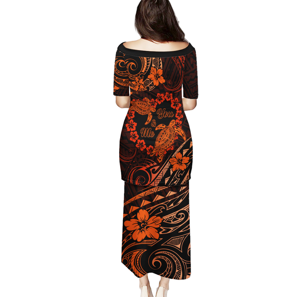 Polynesian Turtle Valentine Family Matching Puletasi and Hawaiian Shirt You And Me Orange Hibiscus Heart LT01 - Polynesian Pride