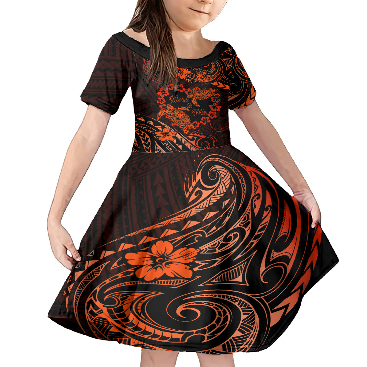 Polynesian Turtle Valentine Family Matching Tank Maxi Dress and Hawaiian Shirt You And Me Orange Hibiscus Heart LT01 Daughter's Dress Orange - Polynesian Pride
