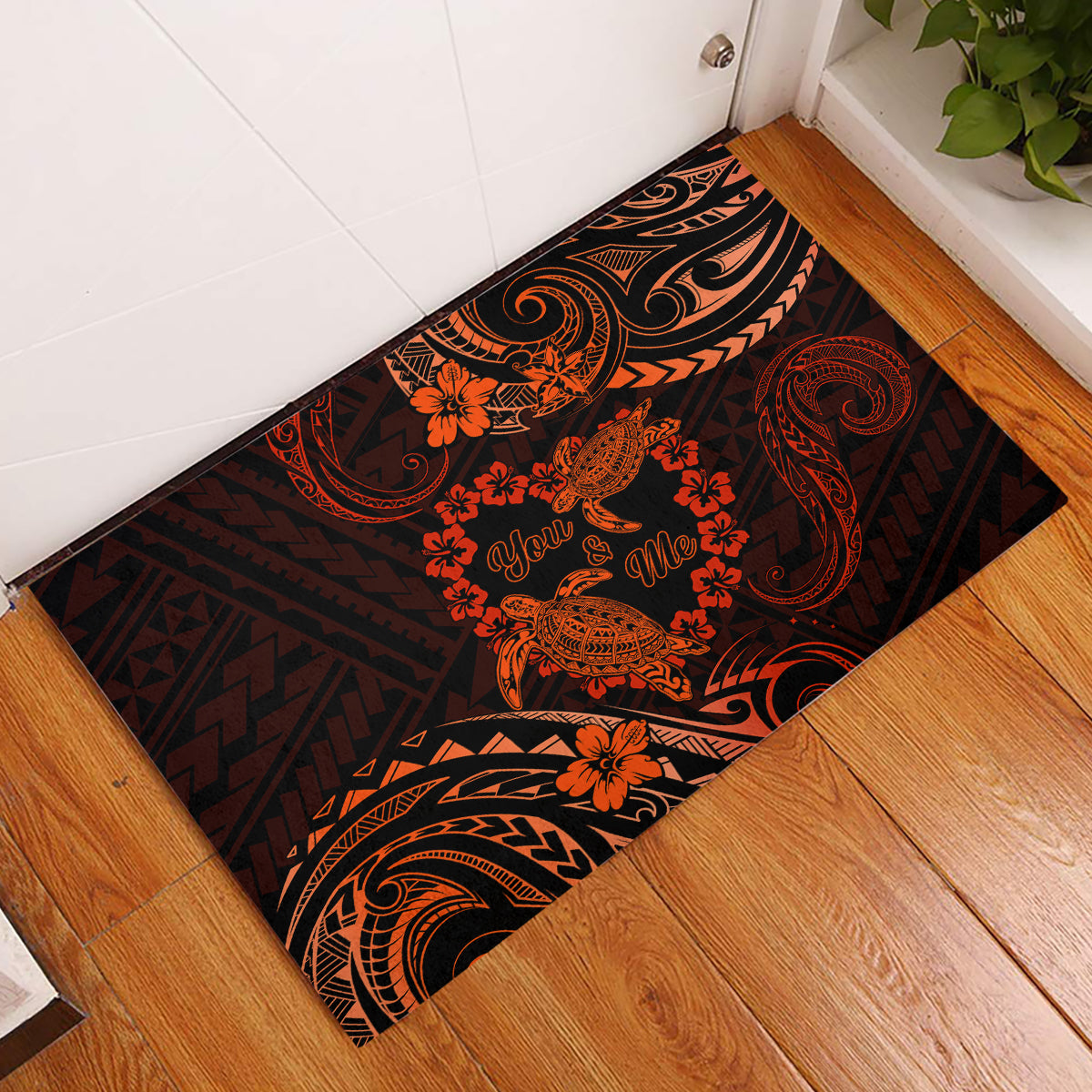 Polynesian Turtle Valentine Rubber Doormat You And Me Orange Hibiscus Heart LT01 Orange - Polynesian Pride