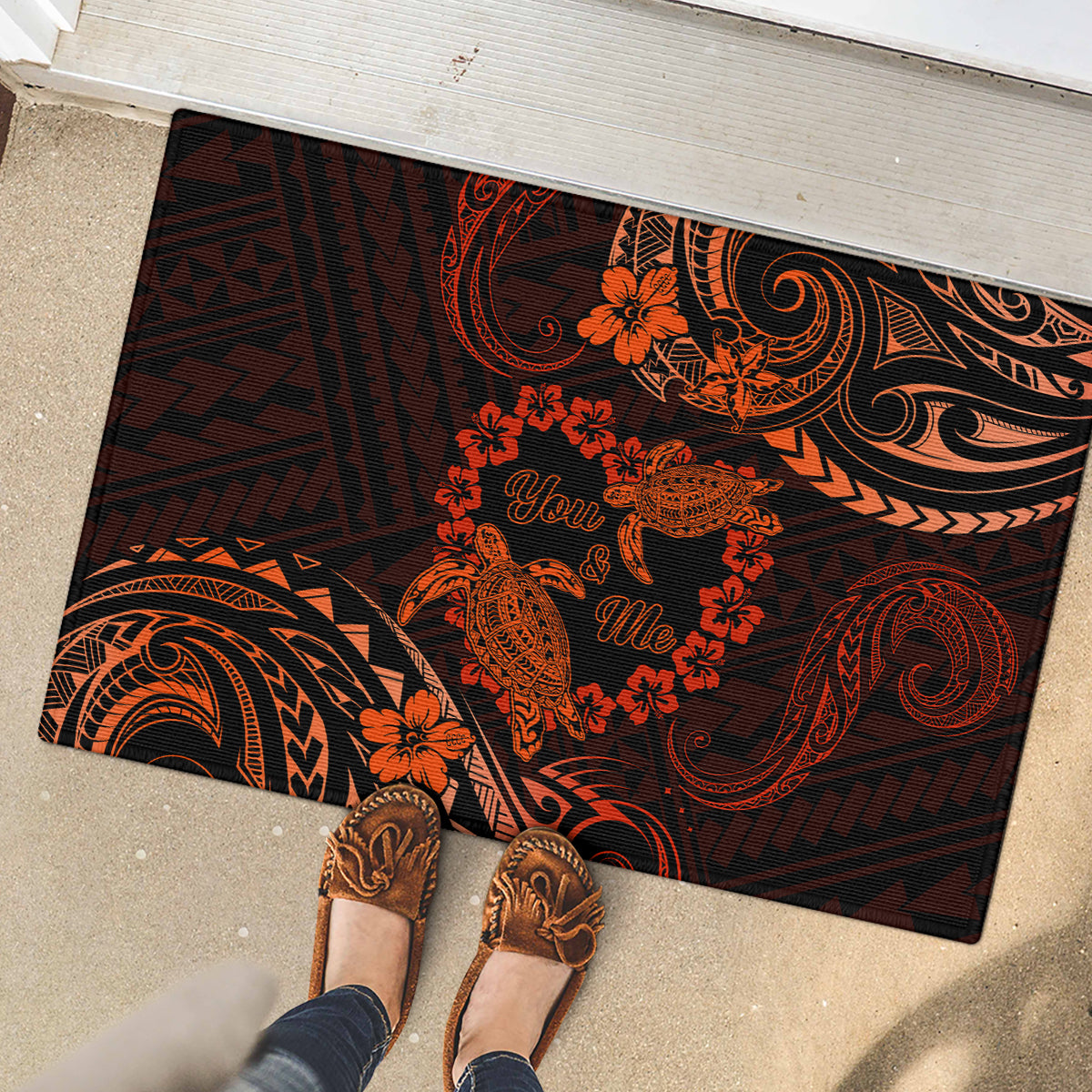 Polynesian Turtle Valentine Rubber Doormat You And Me Orange Hibiscus Heart LT01 - Polynesian Pride