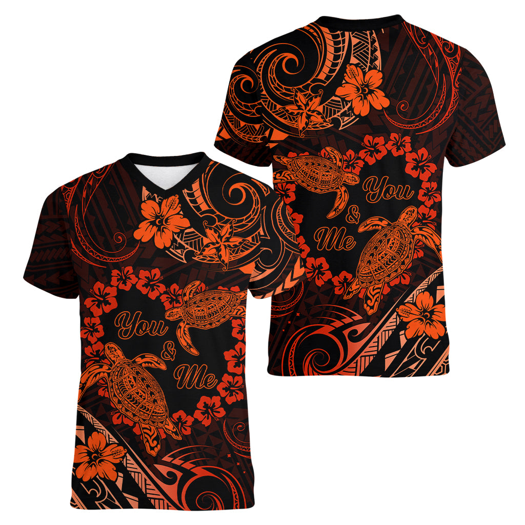 Polynesian Turtle Valentine Women V Neck T Shirt You And Me Orange Hibiscus Heart LT01 - Polynesian Pride