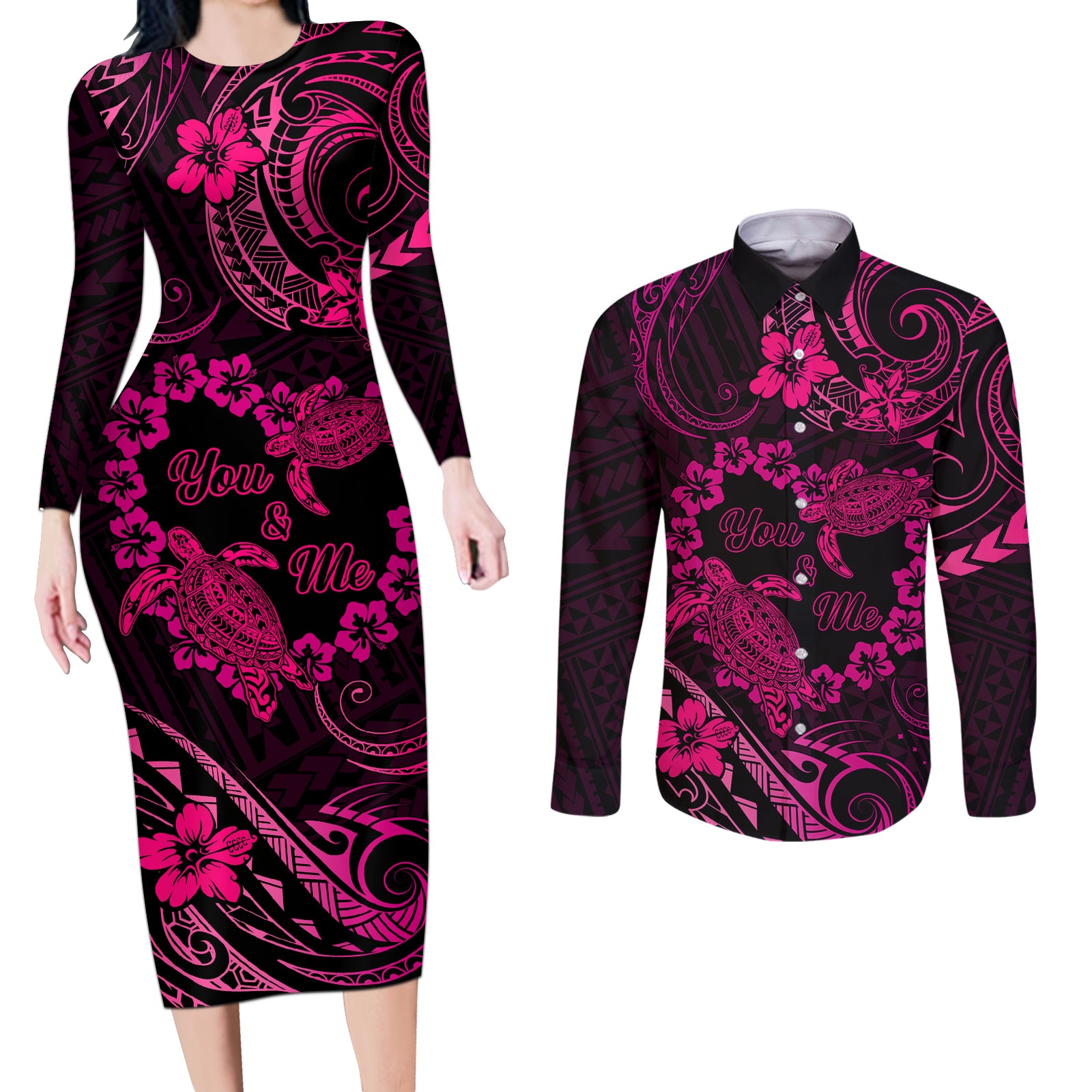 Polynesian Turtle Valentine Couples Matching Long Sleeve Bodycon Dress and Long Sleeve Button Shirt You And Me Pink Hibiscus Heart LT01 Pink - Polynesian Pride