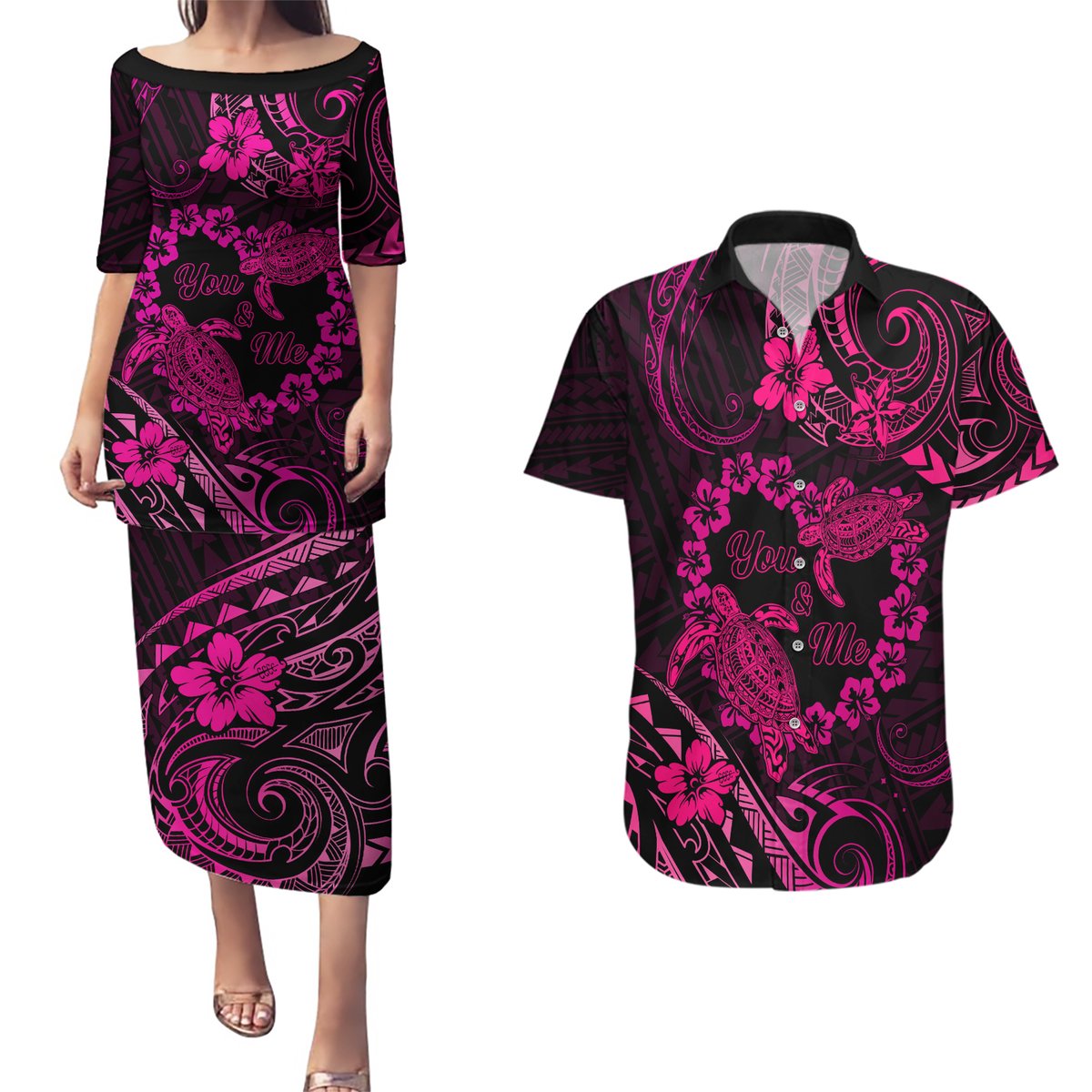 Polynesian Turtle Valentine Couples Matching Puletasi and Hawaiian Shirt You And Me Pink Hibiscus Heart LT01 Pink - Polynesian Pride