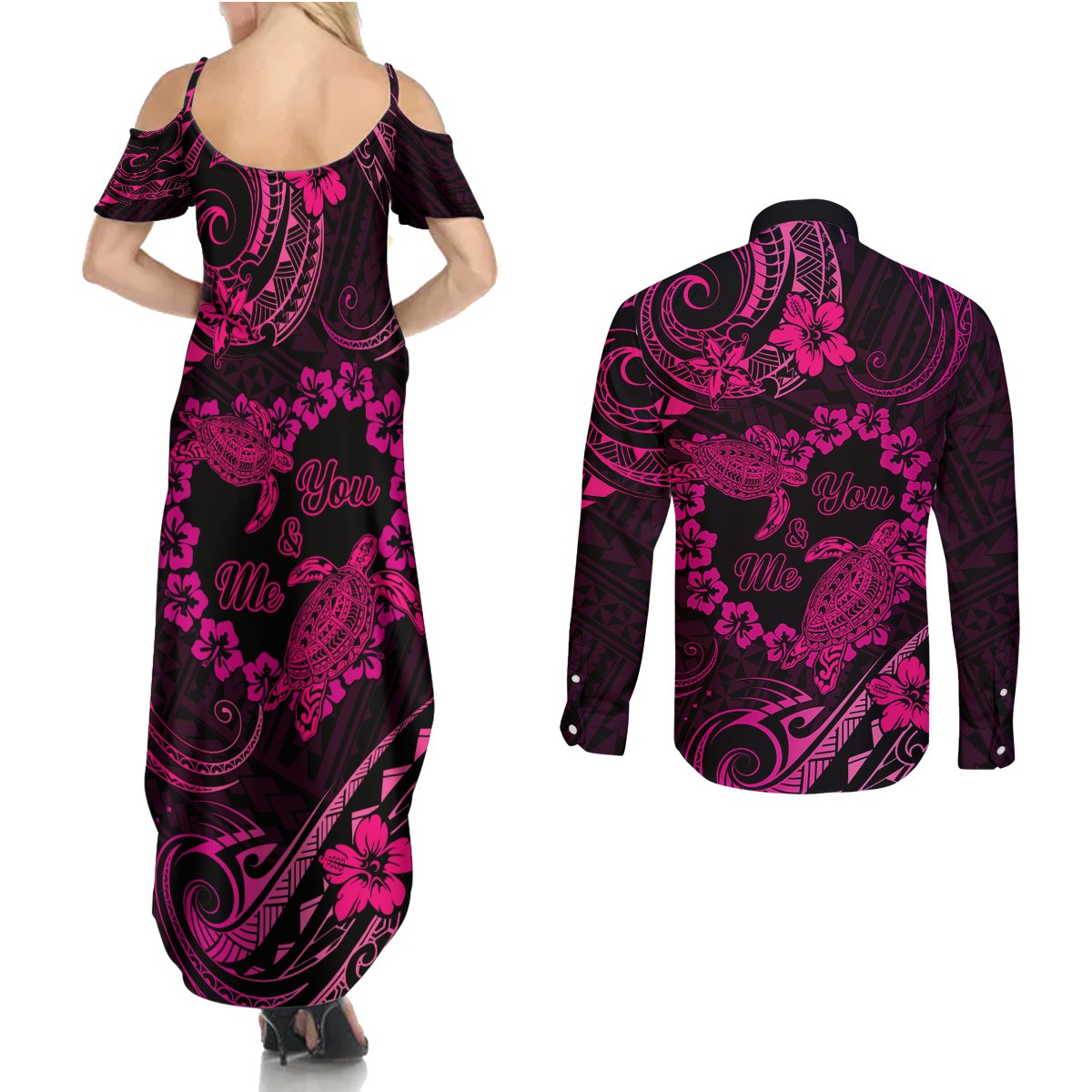 Polynesian Turtle Valentine Couples Matching Summer Maxi Dress and Long Sleeve Button Shirt You And Me Pink Hibiscus Heart LT01 - Polynesian Pride