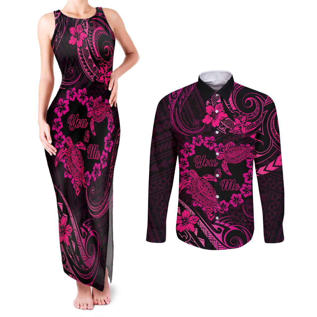Polynesian Turtle Valentine Couples Matching Tank Maxi Dress and Long Sleeve Button Shirt You And Me Pink Hibiscus Heart LT01 Pink - Polynesian Pride