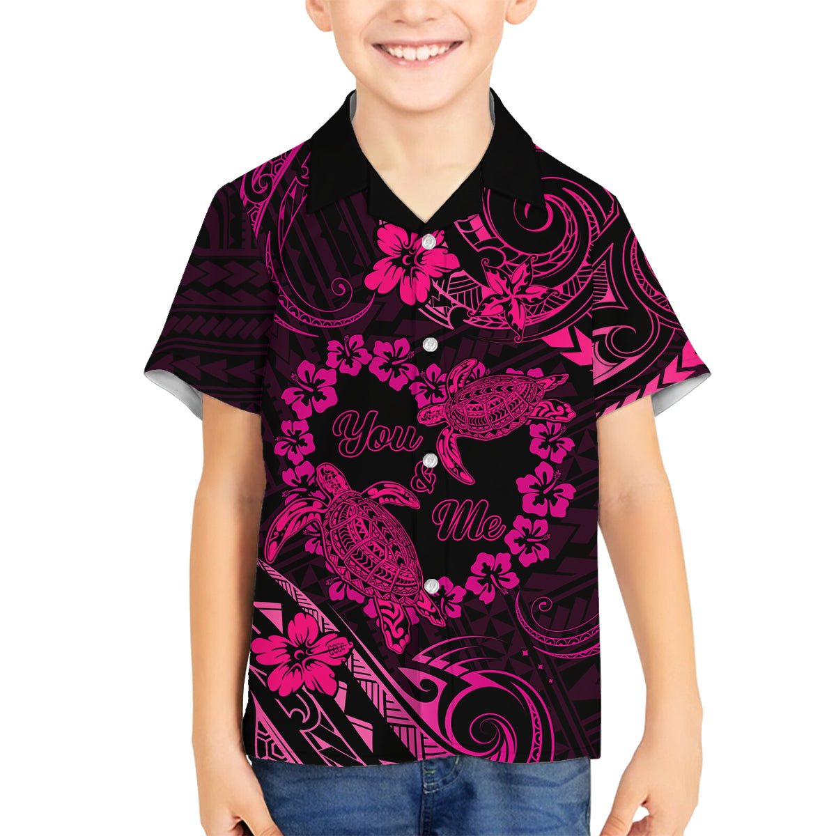 Polynesian Turtle Valentine Family Matching Summer Maxi Dress and Hawaiian Shirt You And Me Pink Hibiscus Heart LT01 Son's Shirt Pink - Polynesian Pride