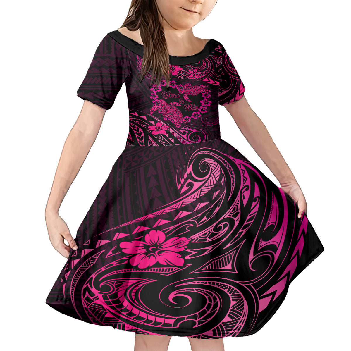 Polynesian Turtle Valentine Family Matching Tank Maxi Dress and Hawaiian Shirt You And Me Pink Hibiscus Heart LT01 Daughter's Dress Pink - Polynesian Pride