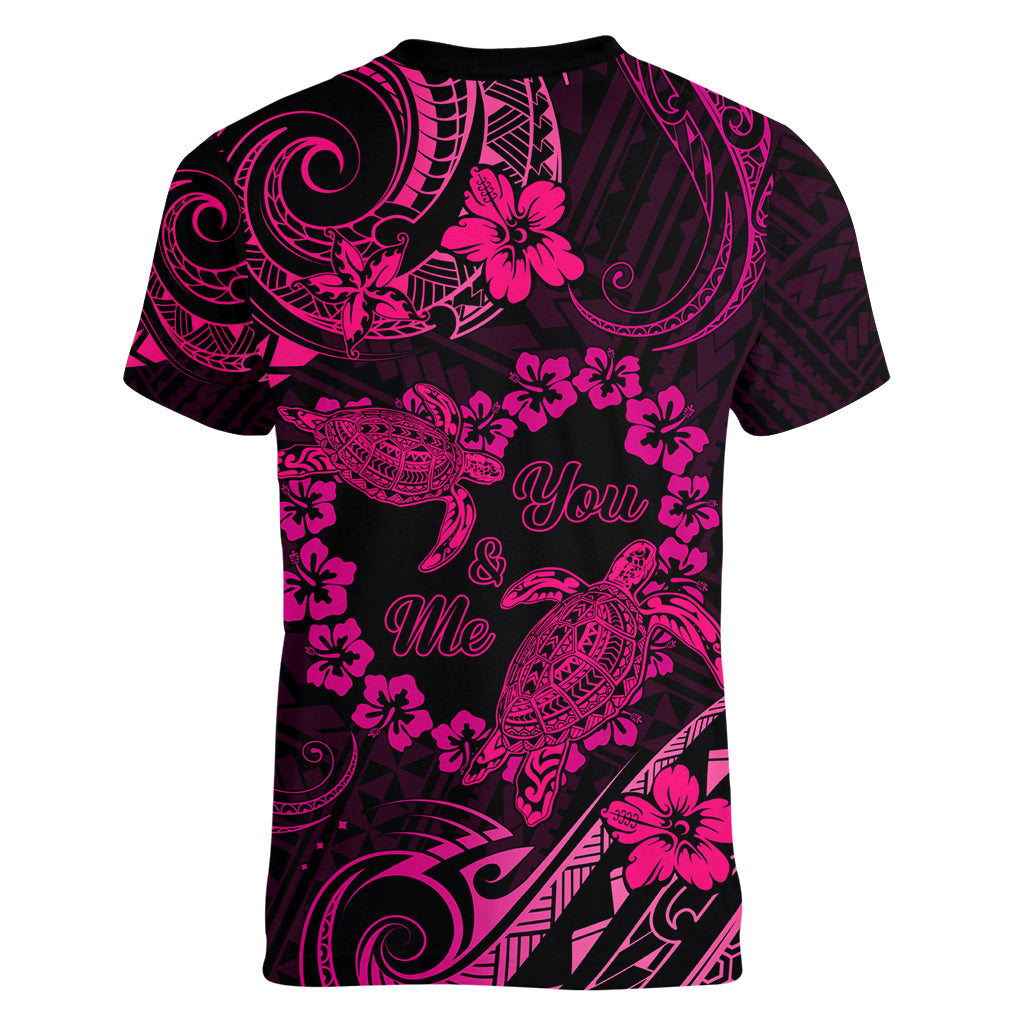 Polynesian Turtle Valentine Women V Neck T Shirt You And Me Pink Hibiscus Heart LT01 - Polynesian Pride