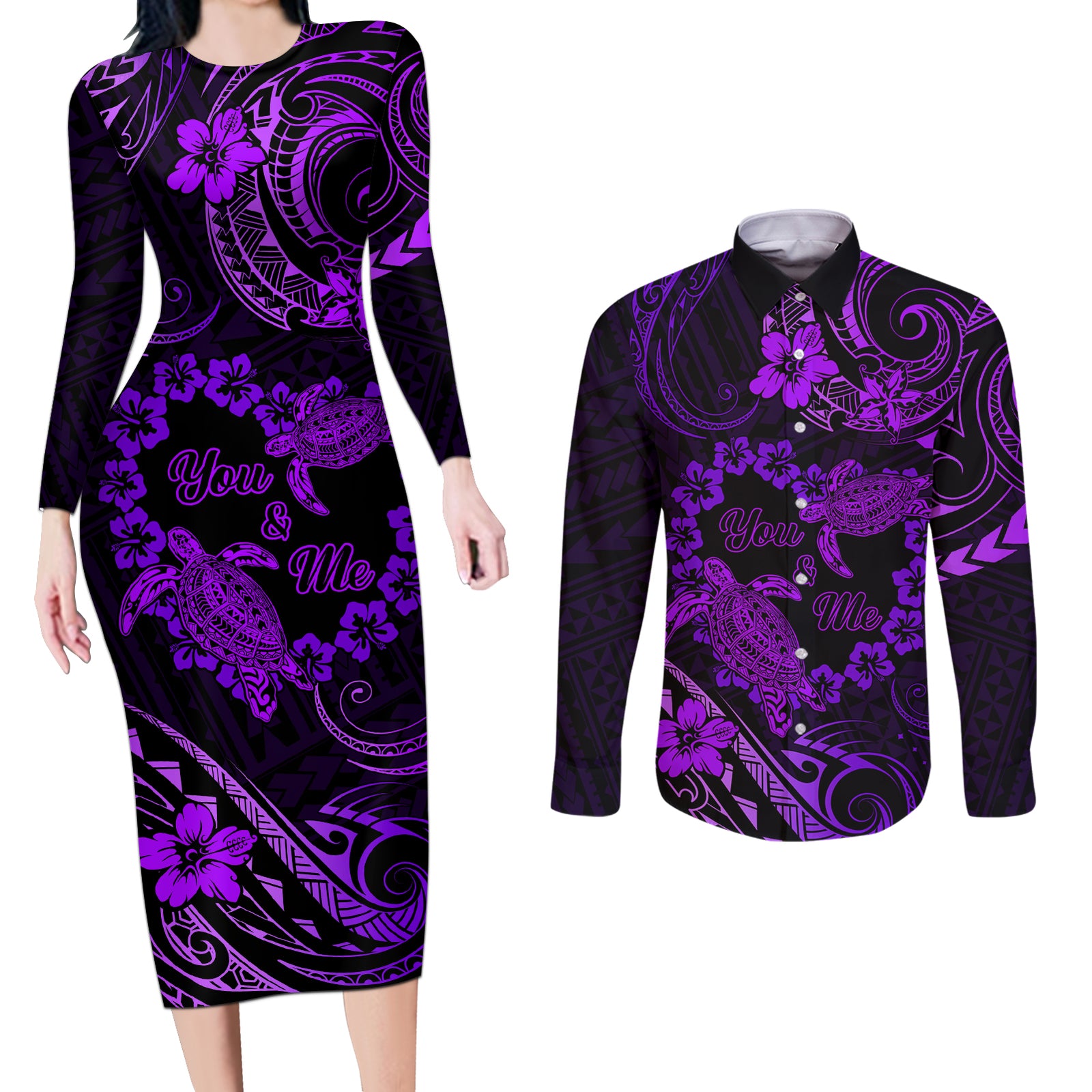 Polynesian Turtle Valentine Couples Matching Long Sleeve Bodycon Dress and Long Sleeve Button Shirt You And Me Purple Hibiscus Heart LT01 Purple - Polynesian Pride