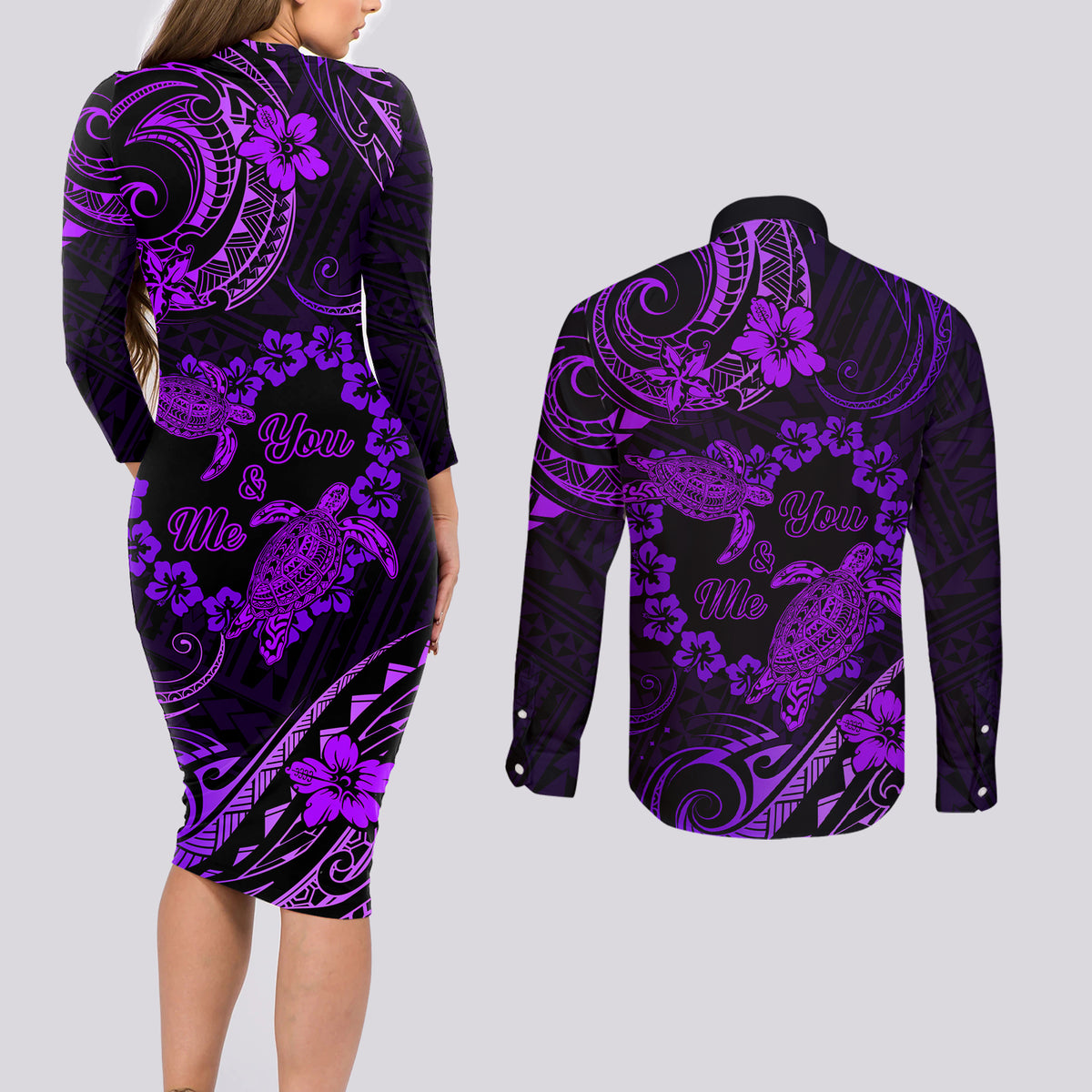 Polynesian Turtle Valentine Couples Matching Long Sleeve Bodycon Dress and Long Sleeve Button Shirt You And Me Purple Hibiscus Heart LT01 - Polynesian Pride