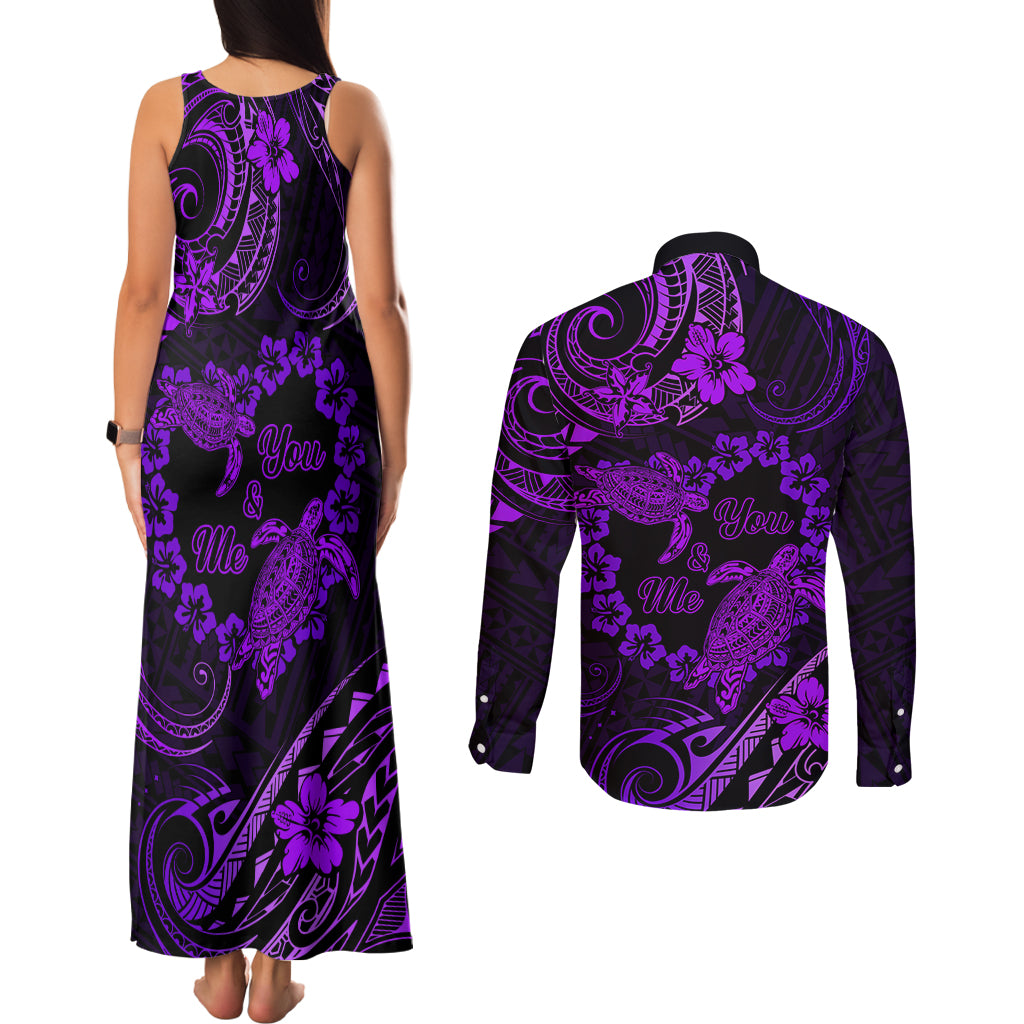 Polynesian Turtle Valentine Couples Matching Tank Maxi Dress and Long Sleeve Button Shirt You And Me Purple Hibiscus Heart LT01 - Polynesian Pride