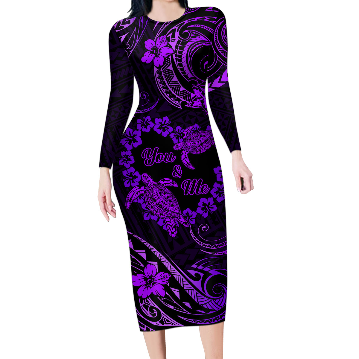 Polynesian Turtle Valentine Family Matching Long Sleeve Bodycon Dress and Hawaiian Shirt You And Me Purple Hibiscus Heart LT01 Mom's Dress Purple - Polynesian Pride