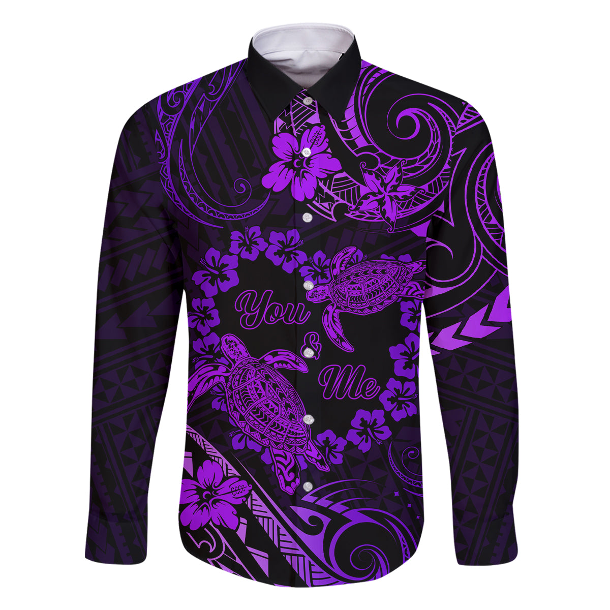 Polynesian Turtle Valentine Family Matching Tank Maxi Dress and Hawaiian Shirt You And Me Purple Hibiscus Heart LT01 Dad's Shirt - Long Sleeve Purple - Polynesian Pride