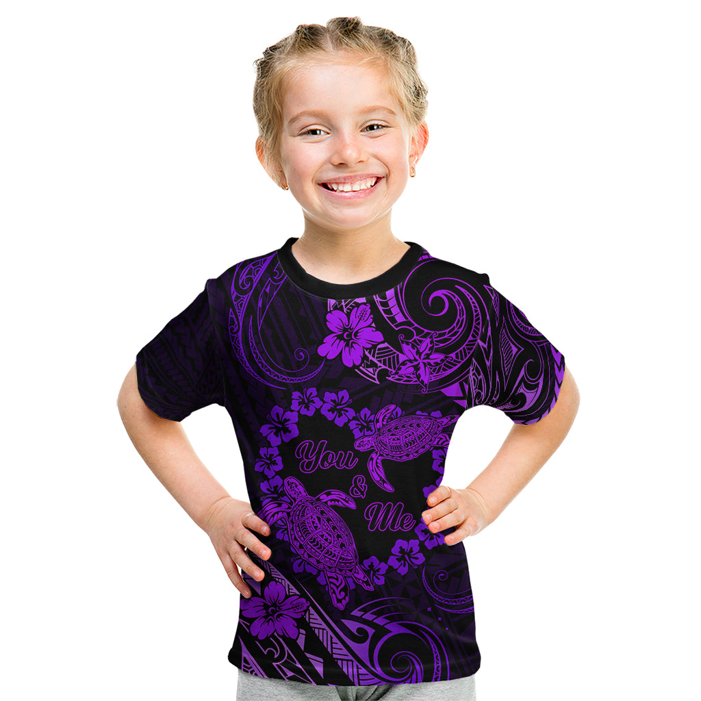 Polynesian Turtle Valentine Kid T Shirt You And Me Purple Hibiscus Heart LT01 Purple - Polynesian Pride