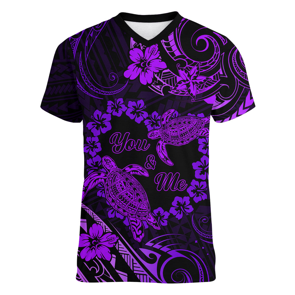 Polynesian Turtle Valentine Women V Neck T Shirt You And Me Purple Hibiscus Heart LT01 Female Purple - Polynesian Pride