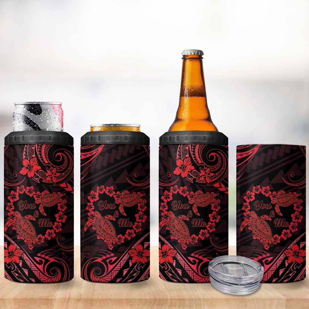 Polynesian Turtle Valentine 4 in 1 Can Cooler Tumbler You And Me Red Hibiscus Heart