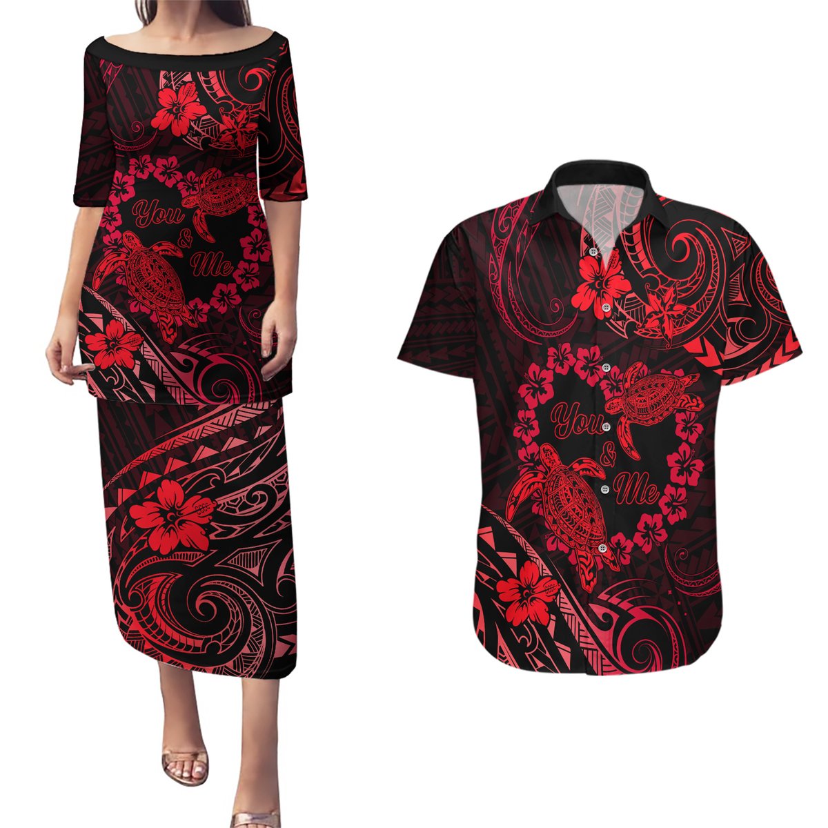Polynesian Turtle Valentine Couples Matching Puletasi and Hawaiian Shirt You And Me Red Hibiscus Heart LT01 Red - Polynesian Pride