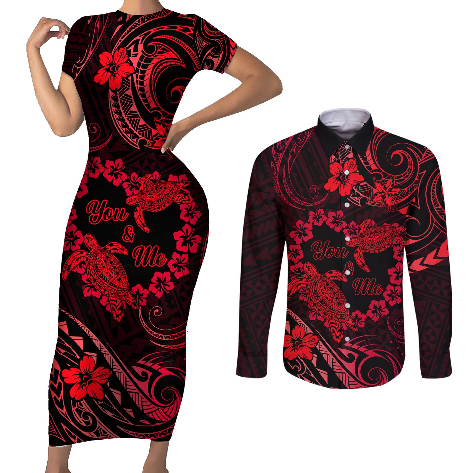 Polynesian Turtle Valentine Couples Matching Short Sleeve Bodycon Dress and Long Sleeve Button Shirt You And Me Red Hibiscus Heart LT01 Red - Polynesian Pride
