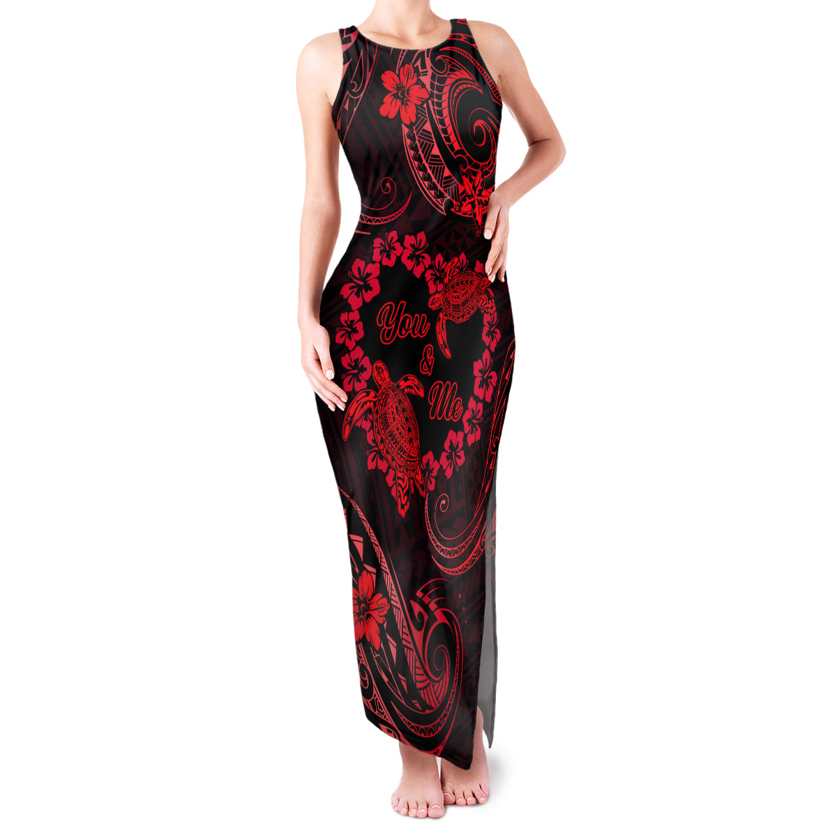 Polynesian Turtle Valentine Family Matching Tank Maxi Dress and Hawaiian Shirt You And Me Red Hibiscus Heart LT01 Mom's Dress Red - Polynesian Pride
