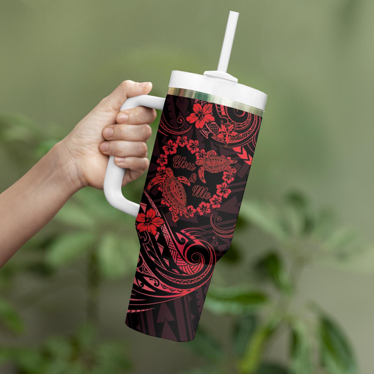 Polynesian Turtle Valentine Tumbler With Handle You And Me Red Hibiscus Heart