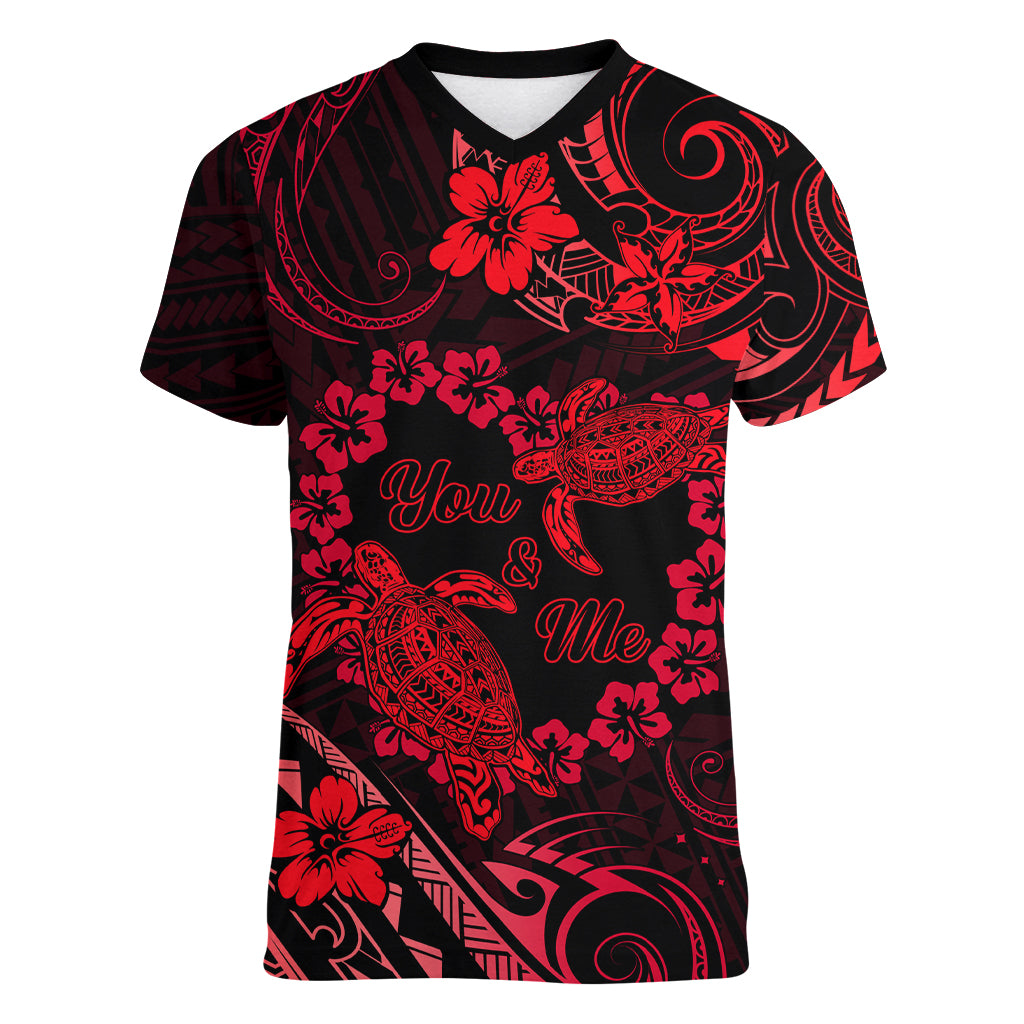 Polynesian Turtle Valentine Women V Neck T Shirt You And Me Red Hibiscus Heart LT01 Female Red - Polynesian Pride