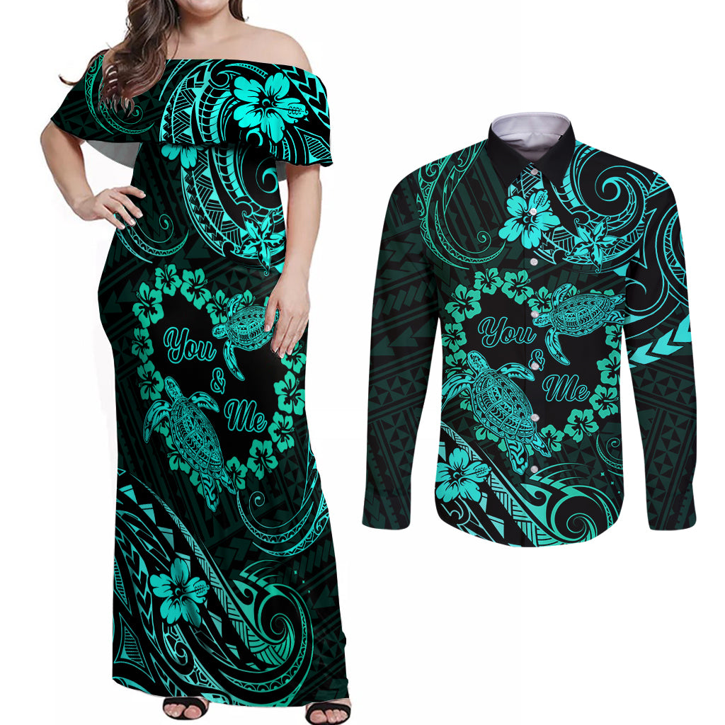 Polynesian Turtle Valentine Couples Matching Off Shoulder Maxi Dress and Long Sleeve Button Shirt You And Me Turquoise Hibiscus Heart LT01 Turquoise - Polynesian Pride