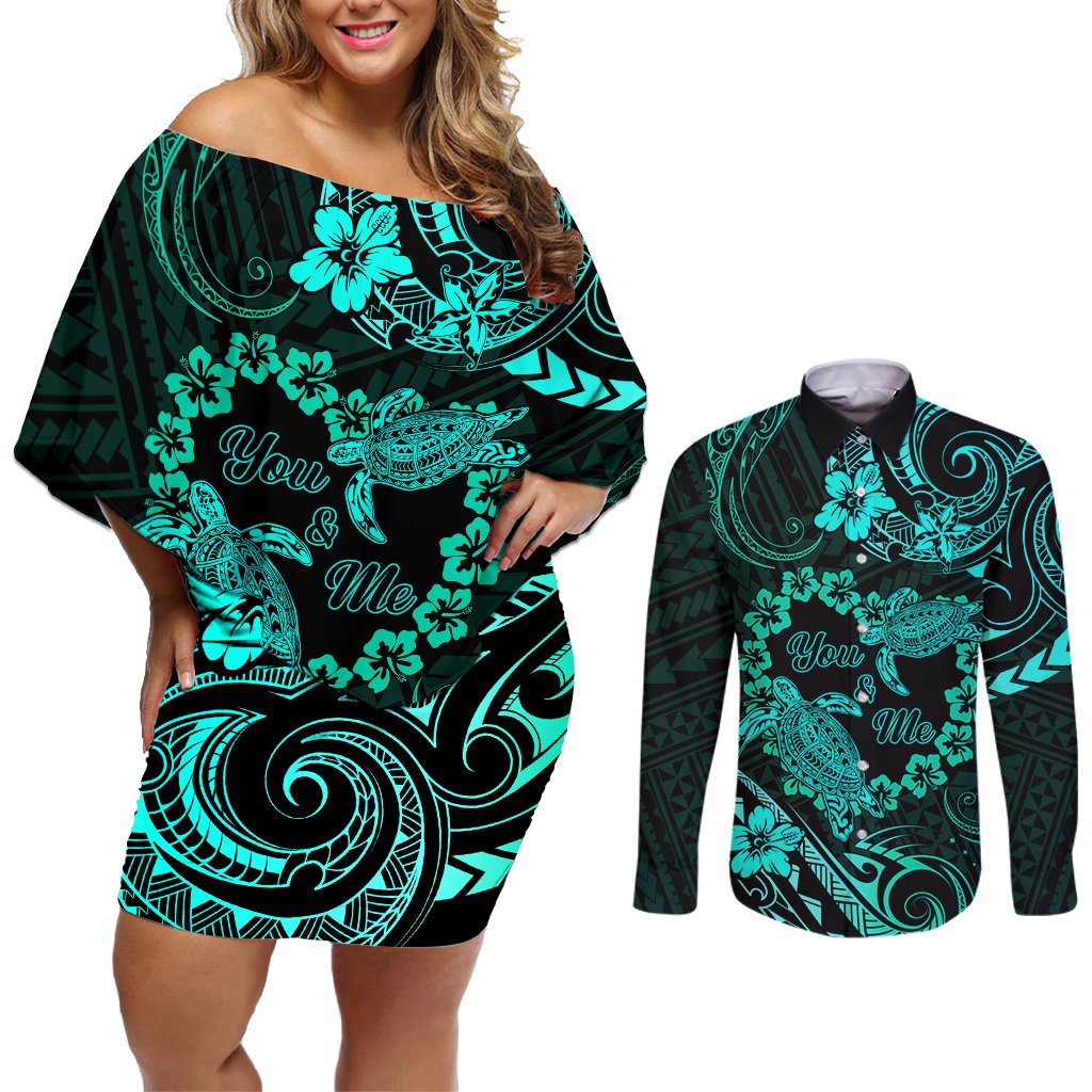 Polynesian Turtle Valentine Couples Matching Off Shoulder Short Dress and Long Sleeve Button Shirt You And Me Turquoise Hibiscus Heart LT01 Turquoise - Polynesian Pride