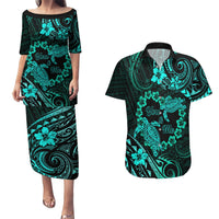 Polynesian Turtle Valentine Couples Matching Puletasi and Hawaiian Shirt You And Me Turquoise Hibiscus Heart LT01 Turquoise - Polynesian Pride