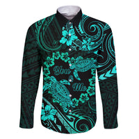Polynesian Turtle Valentine Family Matching Short Sleeve Bodycon Dress and Hawaiian Shirt You And Me Turquoise Hibiscus Heart LT01 Dad's Shirt - Long Sleeve Turquoise - Polynesian Pride