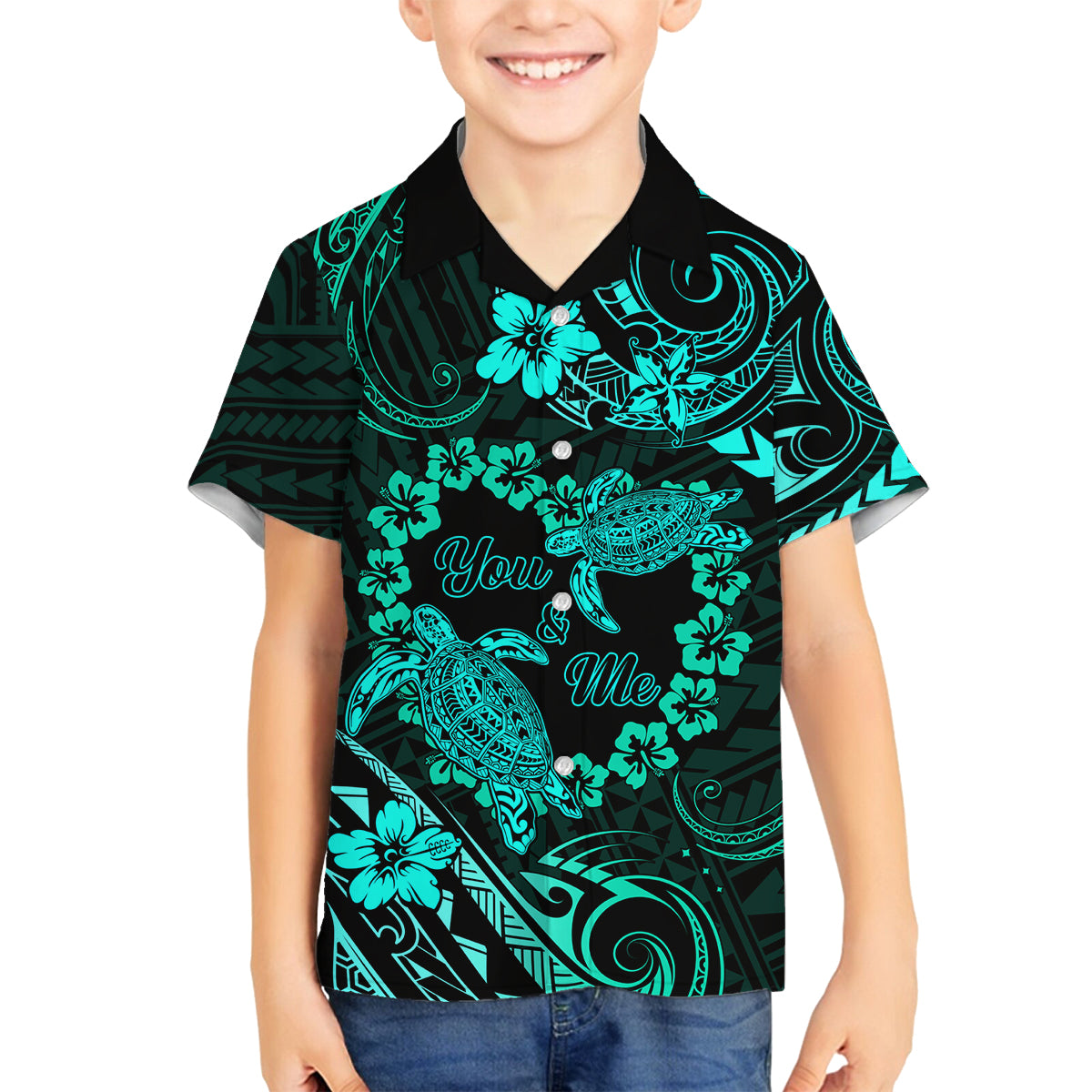 Polynesian Turtle Valentine Family Matching Summer Maxi Dress and Hawaiian Shirt You And Me Turquoise Hibiscus Heart LT01 Son's Shirt Turquoise - Polynesian Pride