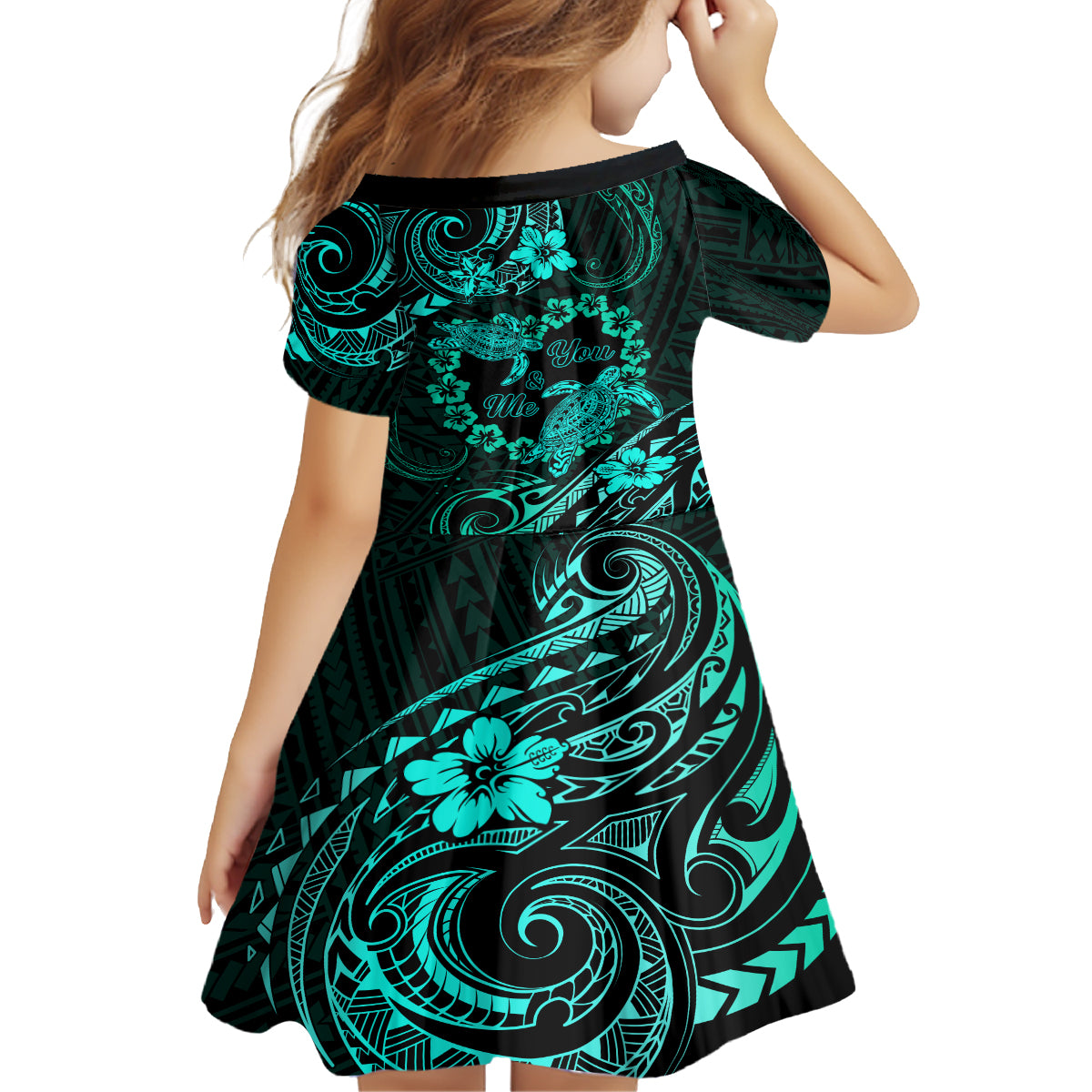 Polynesian Turtle Valentine Kid Short Sleeve Dress You And Me Turquoise Hibiscus Heart LT01 - Polynesian Pride