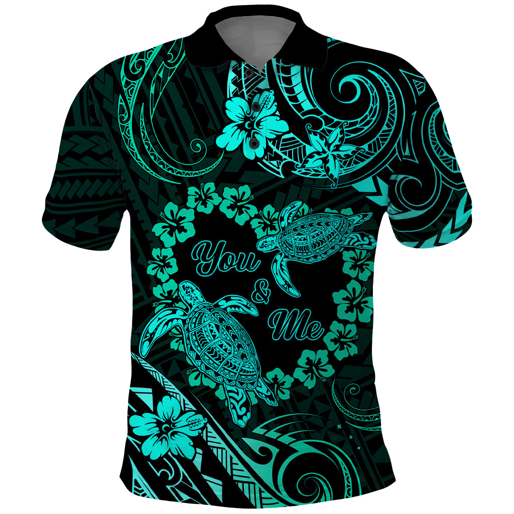 Polynesian Turtle Valentine Polo Shirt You And Me Turquoise Hibiscus Heart LT01 Turquoise - Polynesian Pride