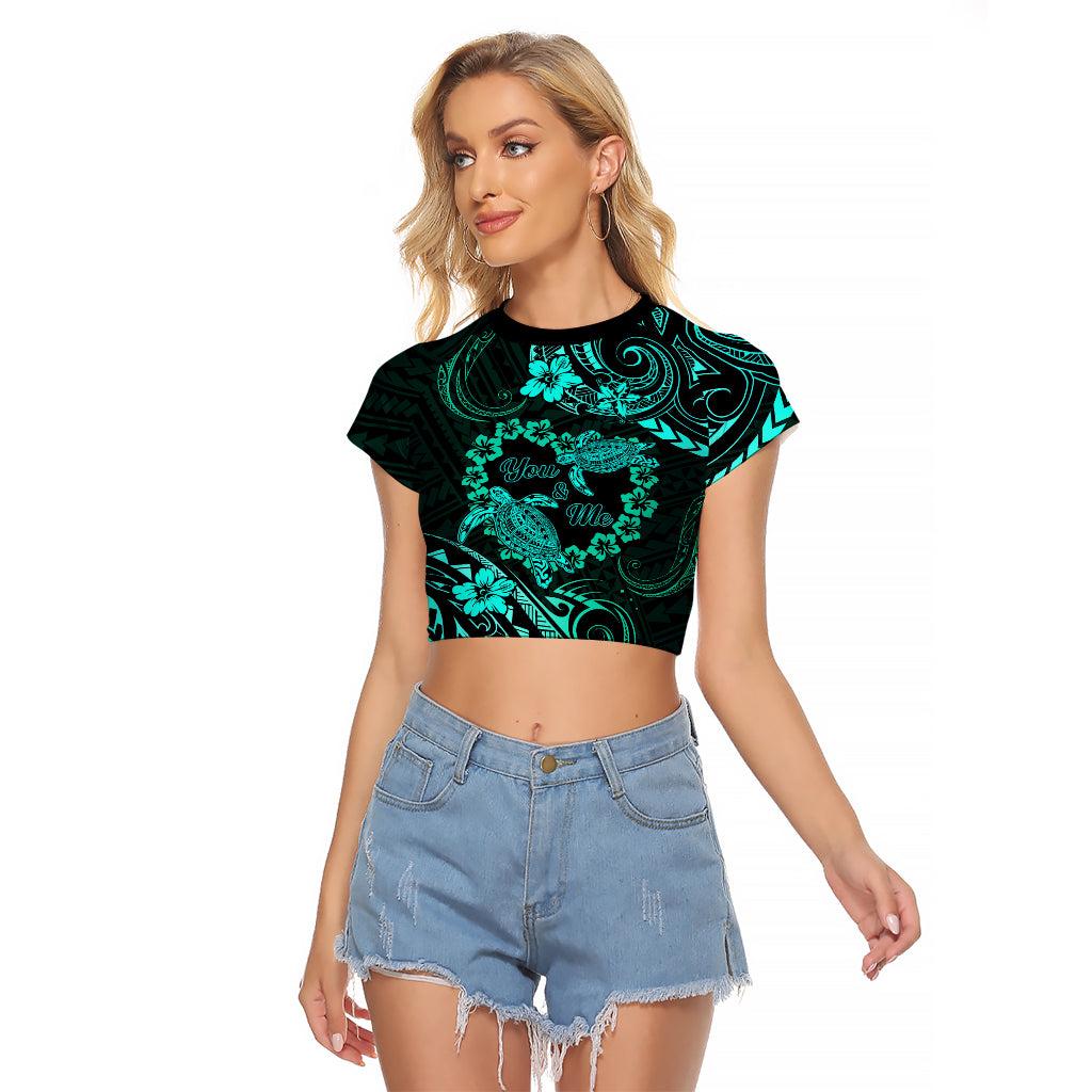 Polynesian Turtle Valentine Raglan Cropped T Shirt You And Me Turquoise Hibiscus Heart LT01 Female Turquoise - Polynesian Pride