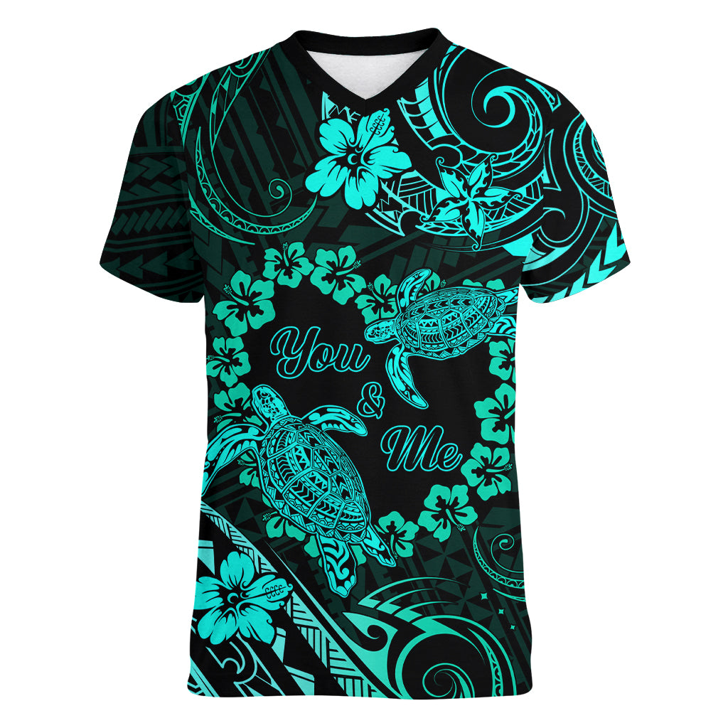 Polynesian Turtle Valentine Women V Neck T Shirt You And Me Turquoise Hibiscus Heart LT01 Female Turquoise - Polynesian Pride