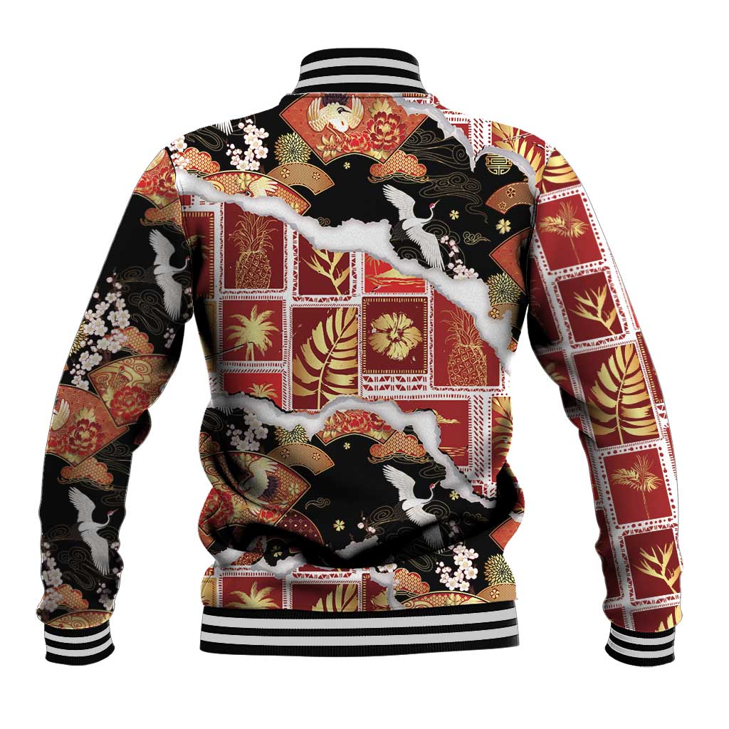 Hawaii Japanese Culture Black Baseball Jacket Spring Cranes Aloha Pattern