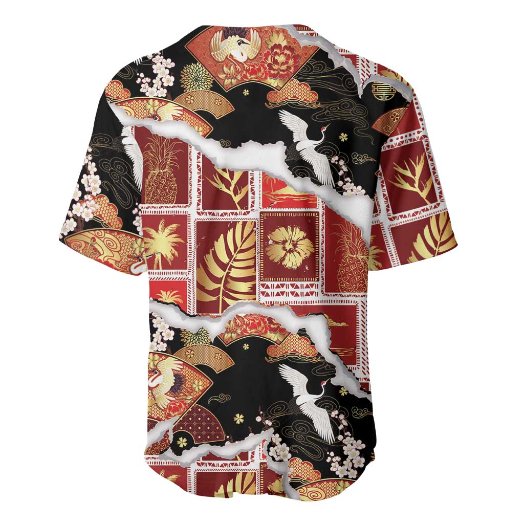 Hawaii Japanese Culture Black Baseball Jersey Spring Cranes Aloha Pattern