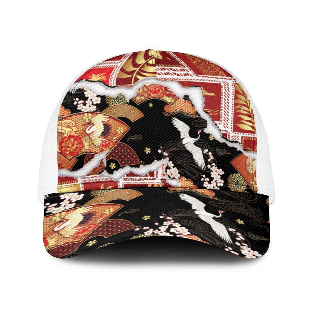 Hawaii Japanese Culture Black Baseball Net Cap Spring Cranes Aloha Pattern