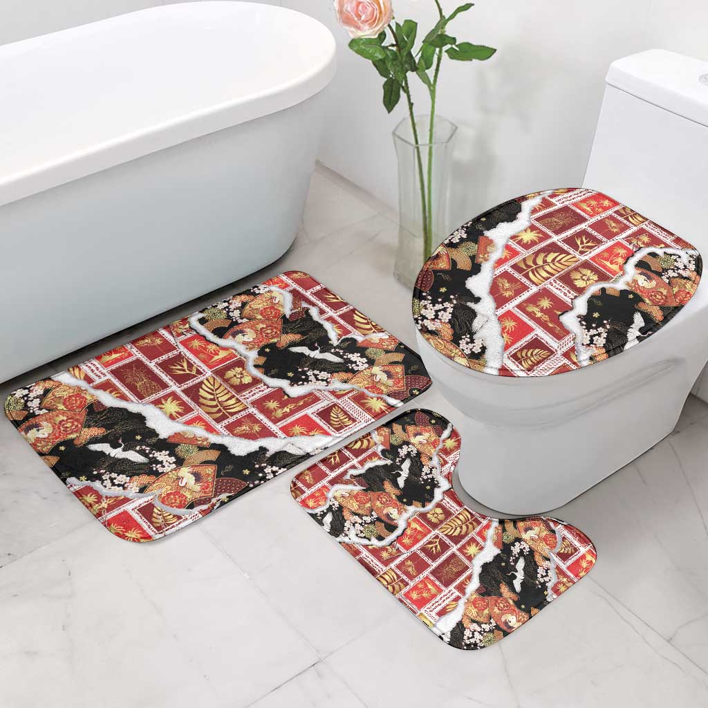 Hawaii Japanese Culture Black Bathroom Set Spring Cranes Aloha Pattern