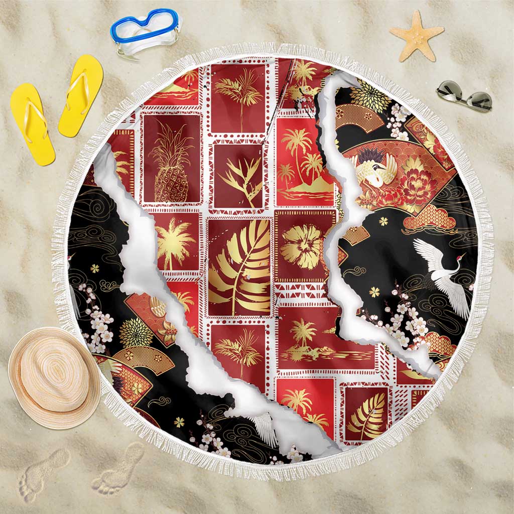 Hawaii Japanese Culture Black Beach Blanket Spring Cranes Aloha Pattern