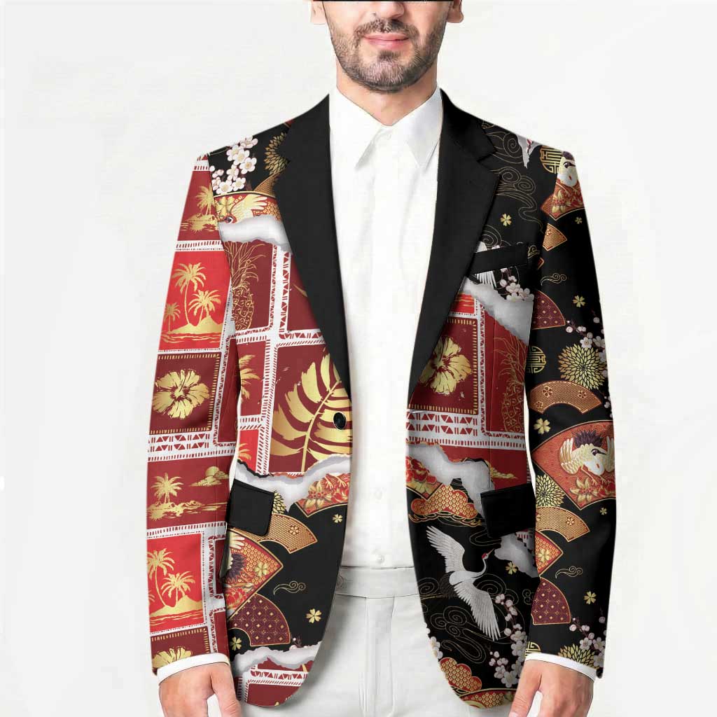 Hawaii Japanese Culture Black Blazer Spring Cranes Aloha Pattern