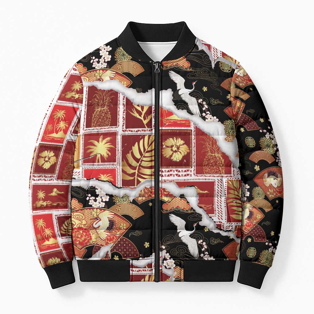 Hawaii Japanese Culture Black Bomber Puffer Jacket Spring Cranes Aloha Pattern