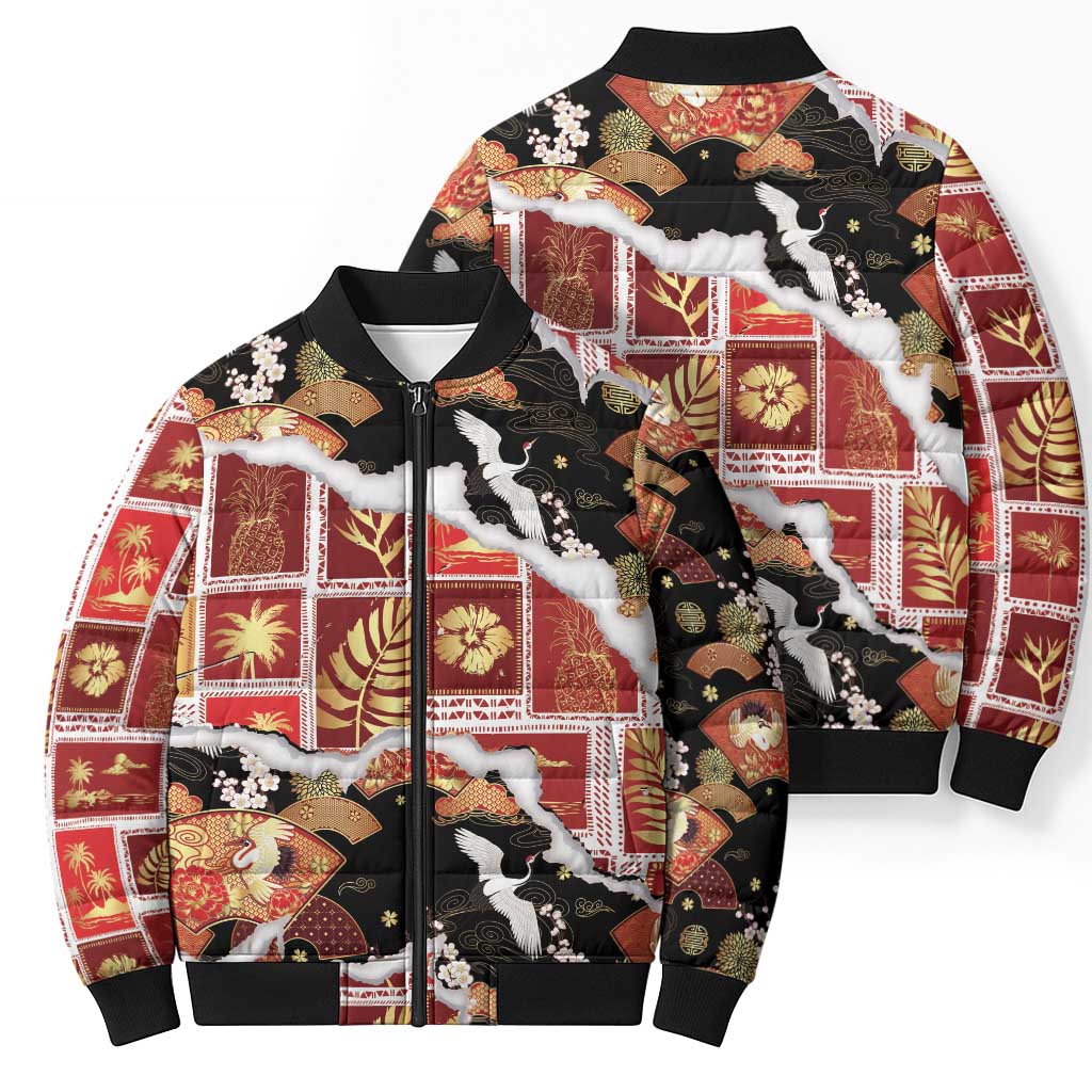 Hawaii Japanese Culture Black Bomber Puffer Jacket Spring Cranes Aloha Pattern