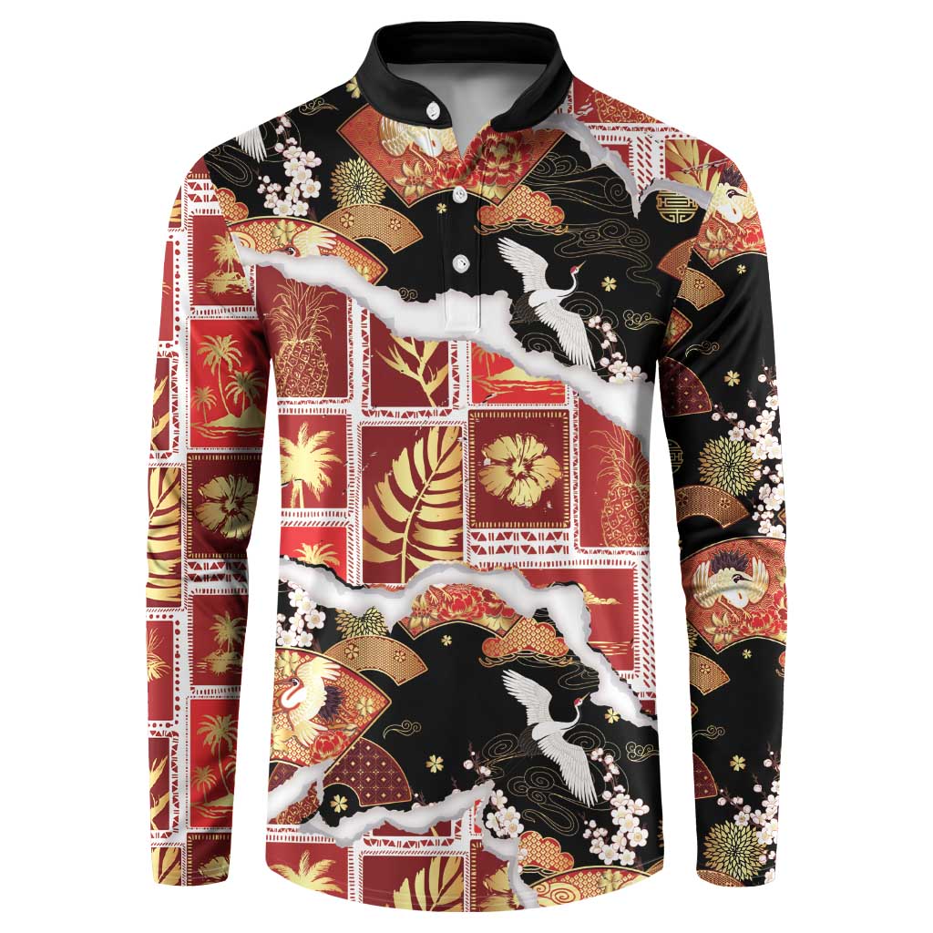 Hawaii Japanese Culture Black Button Sweatshirt Spring Cranes Aloha Pattern
