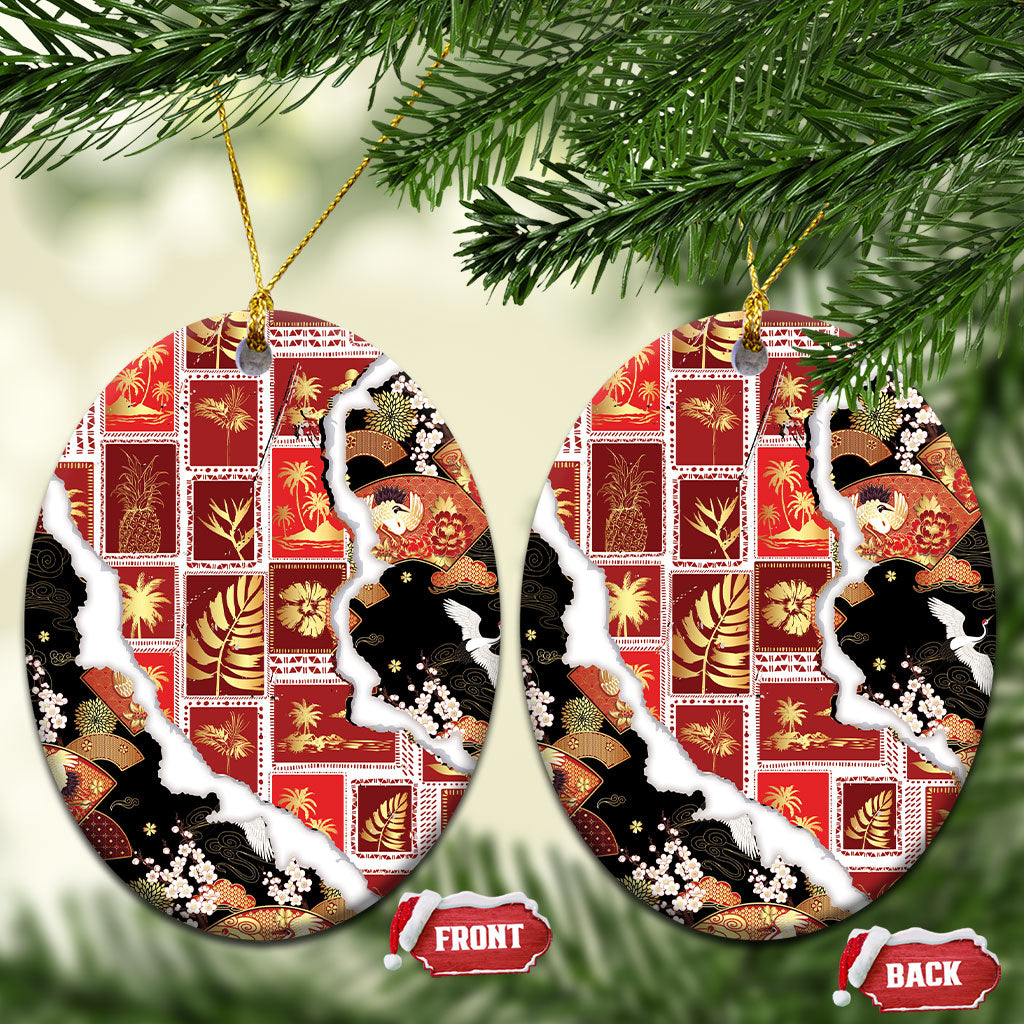 Hawaii Japanese Culture Black Ceramic Ornament Spring Cranes Aloha Pattern LT01 Oval Black - Polynesian Pride