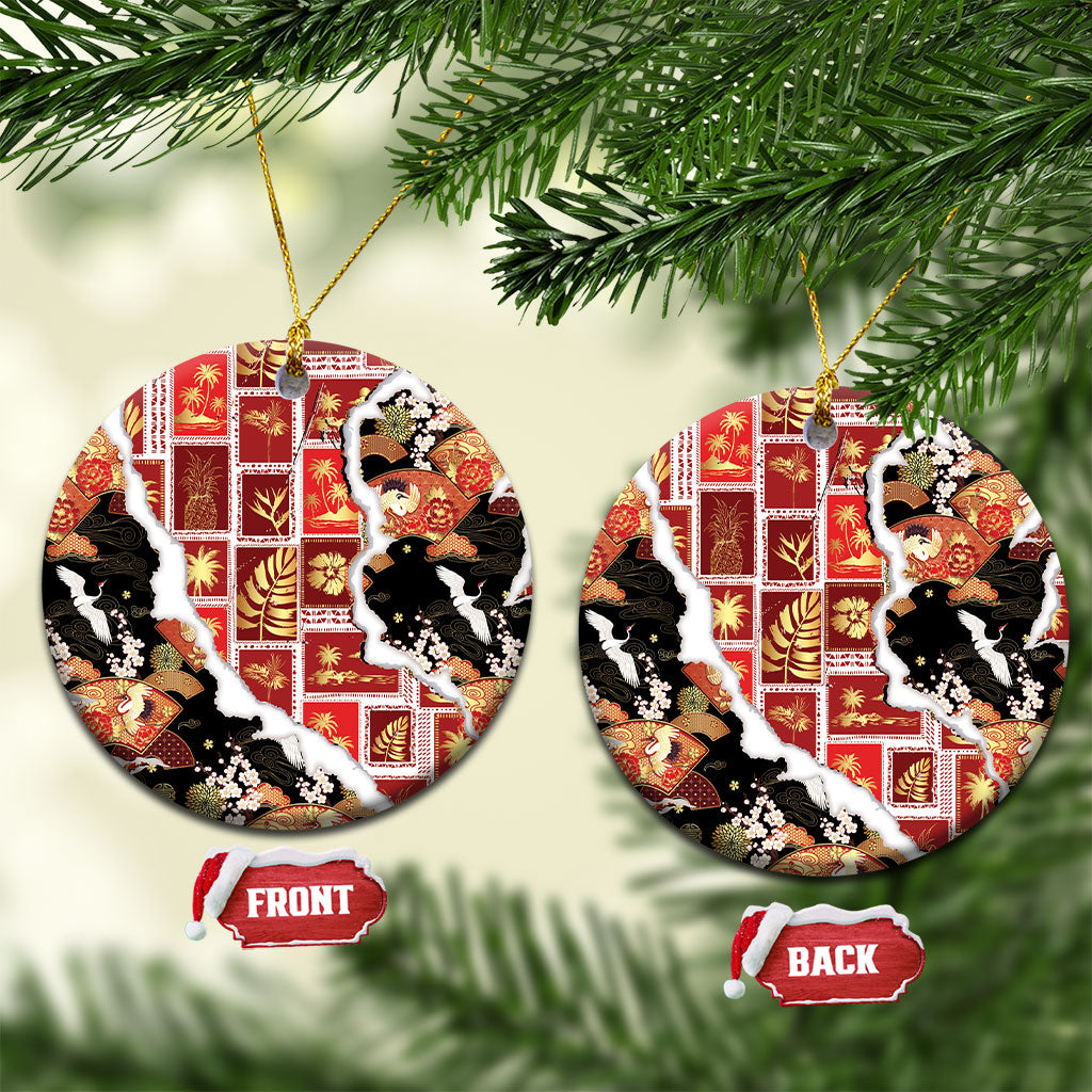 Hawaii Japanese Culture Black Ceramic Ornament Spring Cranes Aloha Pattern LT01 Circle Black - Polynesian Pride