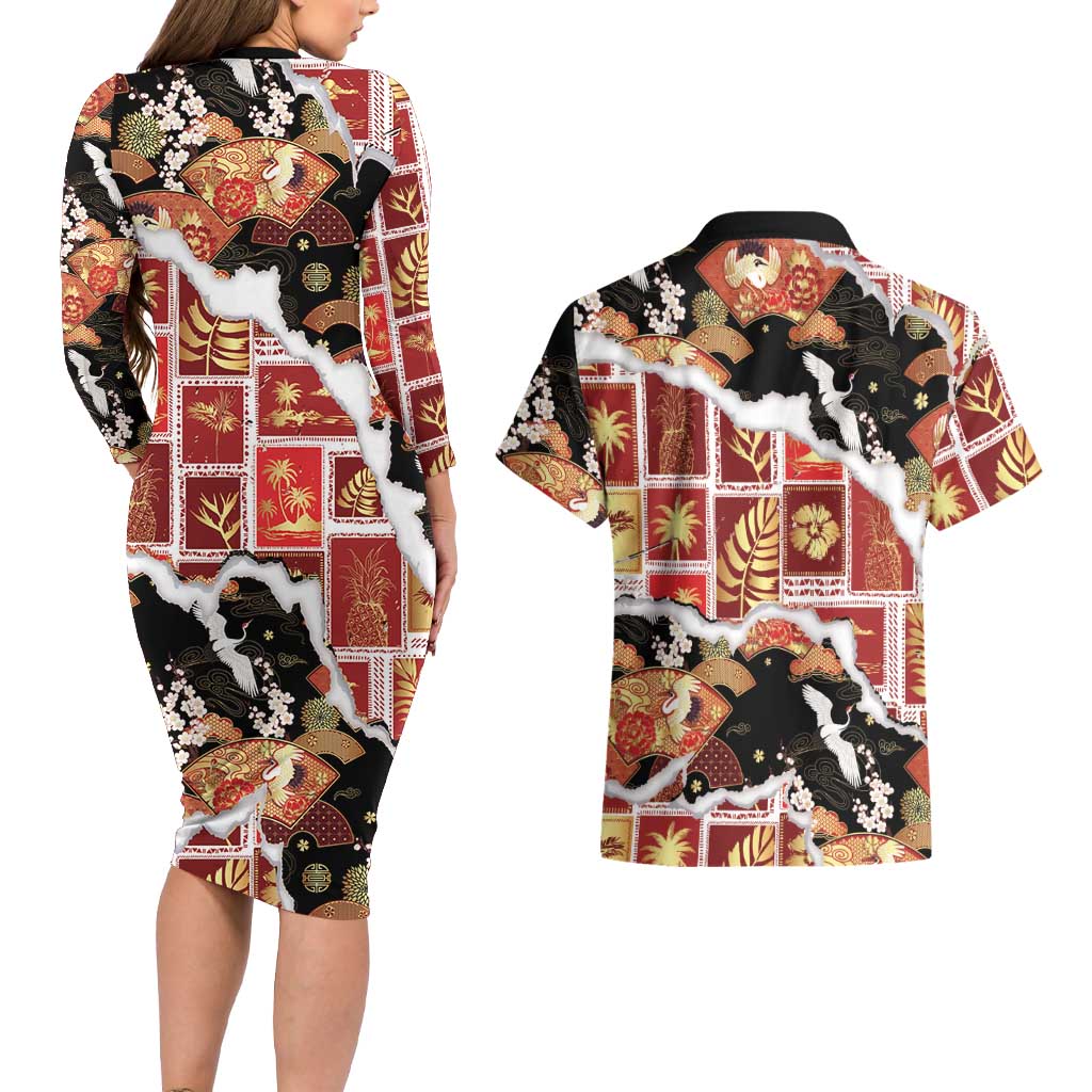 Hawaii Japanese Culture Black Couples Matching Long Sleeve Bodycon Dress and Hawaiian Shirt Spring Cranes Aloha Pattern