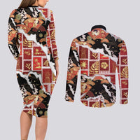 Hawaii Japanese Culture Black Couples Matching Long Sleeve Bodycon Dress and Long Sleeve Button Shirt Spring Cranes Aloha Pattern