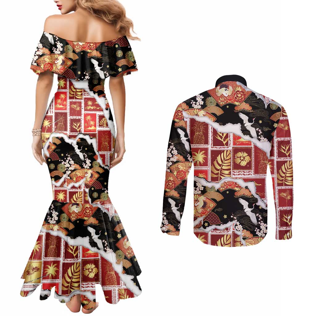 Hawaii Japanese Culture Black Couples Matching Mermaid Dress and Long Sleeve Button Shirt Spring Cranes Aloha Pattern