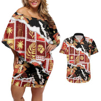 Hawaii Japanese Culture Black Couples Matching Off Shoulder Short Dress and Hawaiian Shirt Spring Cranes Aloha Pattern